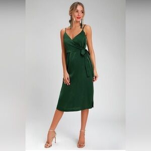 J.O.A. XL Fall In Love Satin Forest Green Wrap Midi Dress